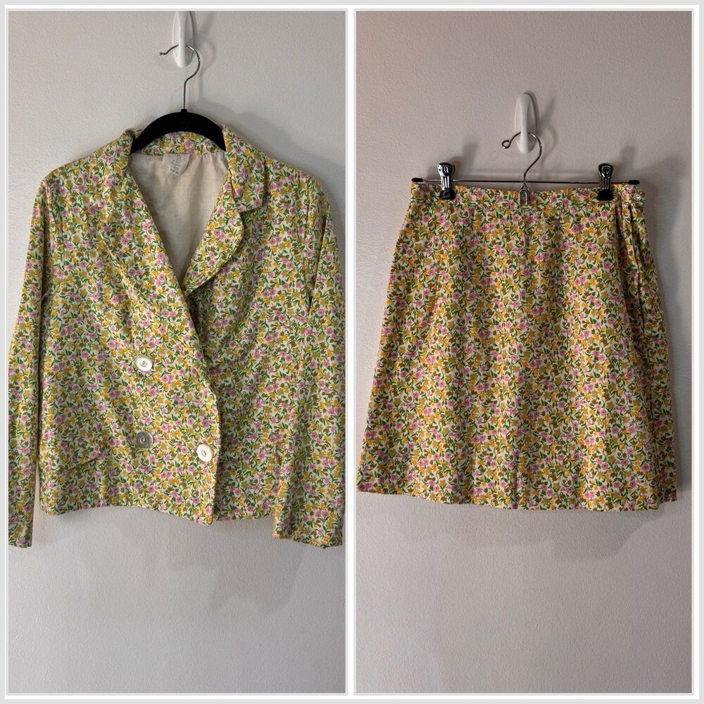 Vintage 1960s Girls Skirt Suit Blazer 14 Clive Jamaica 100% Cotton Floral Retro